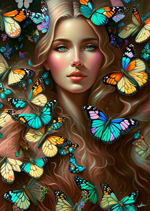 Fantasy illustration: Woman with flowing hair and colorful butterflies.