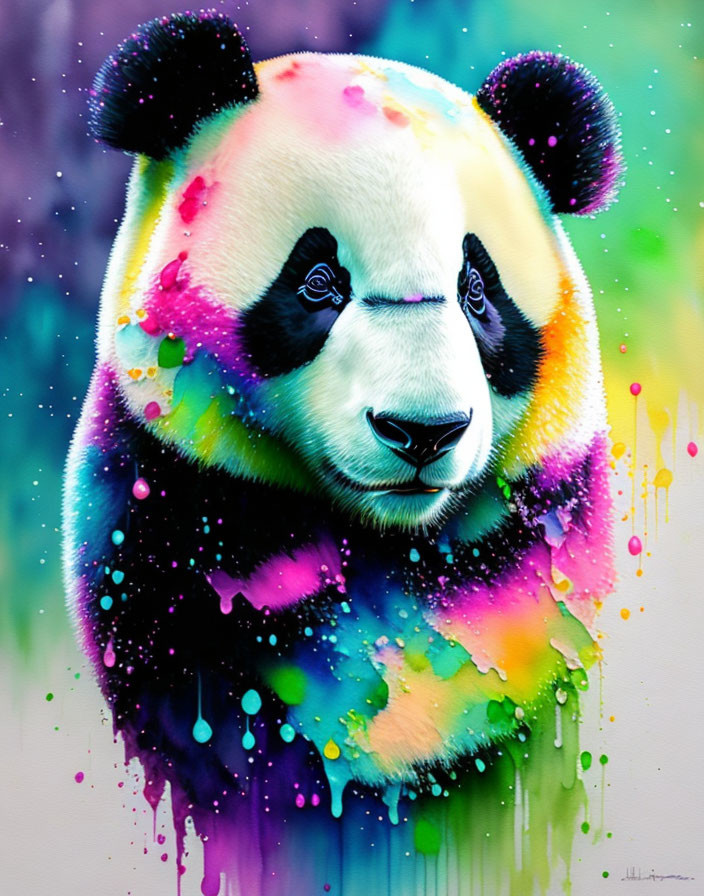 Colorful Panda Painting with Rainbow Splash Pattern