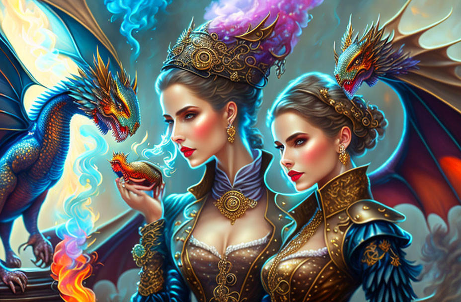Fantasy art of woman in regal attire with vibrant dragons in mystical setting