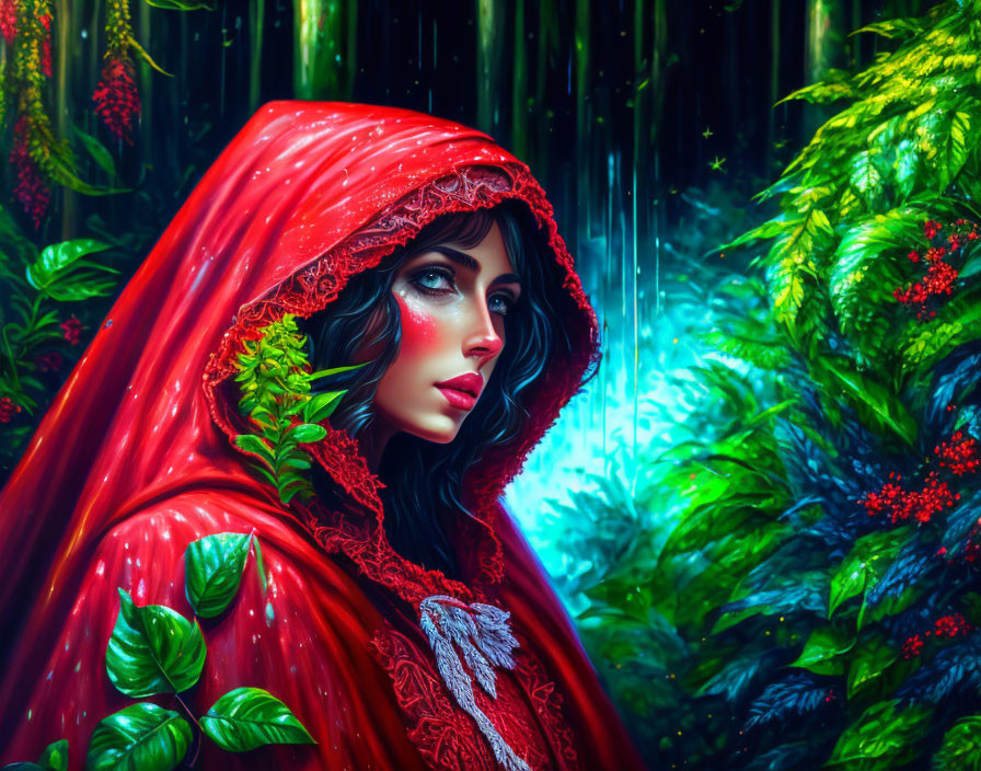Woman in Red Hooded Cloak in Vibrant Forest Setting