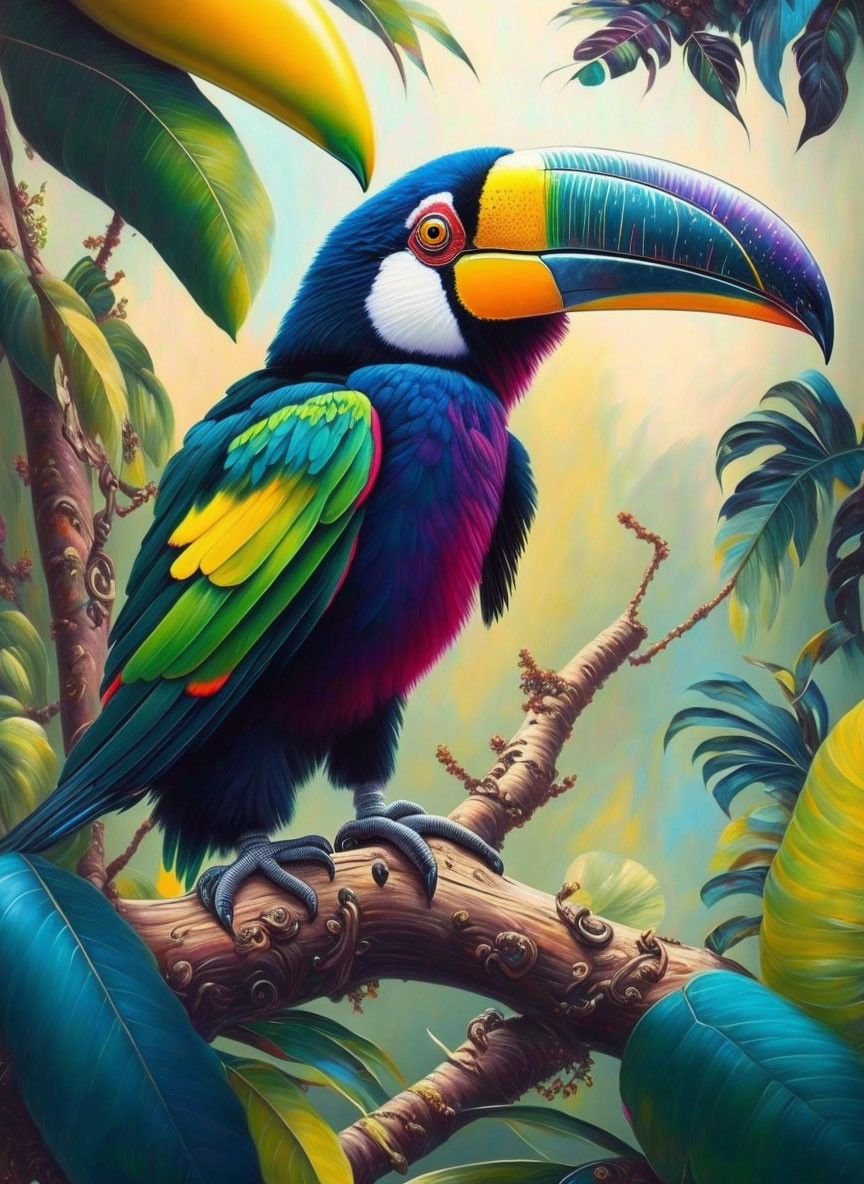 Vibrant toucan with blue, yellow, and orange beak on lush green branch