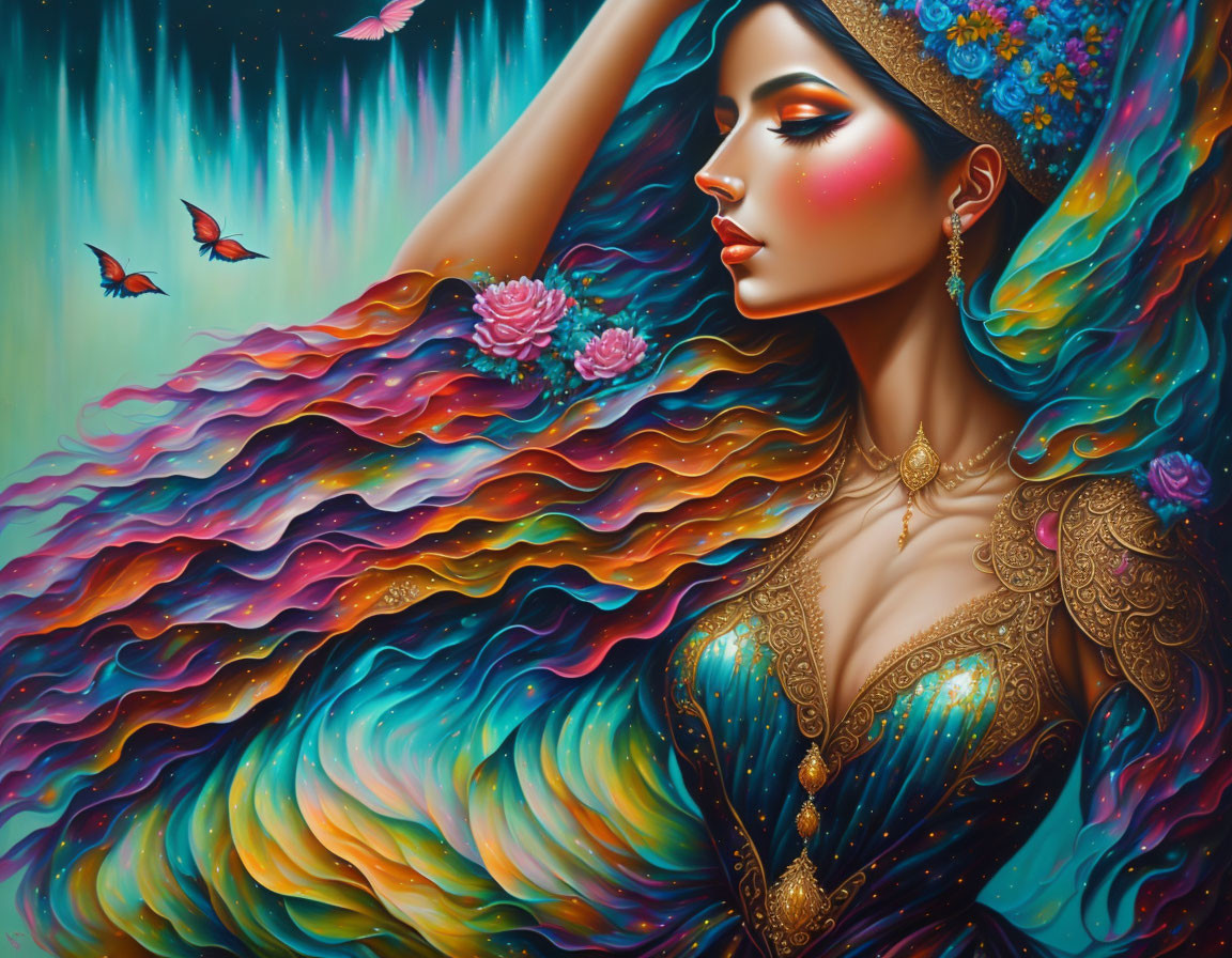 Colorful portrait of a woman with vibrant hair and floral elements.
