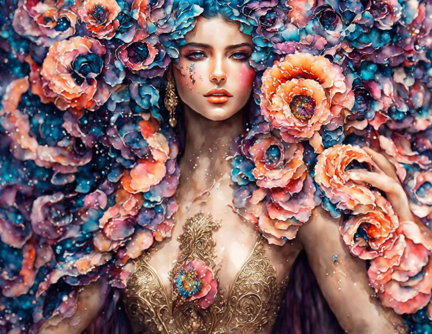 Woman in vibrant floral setting with detailed attire and serene expression