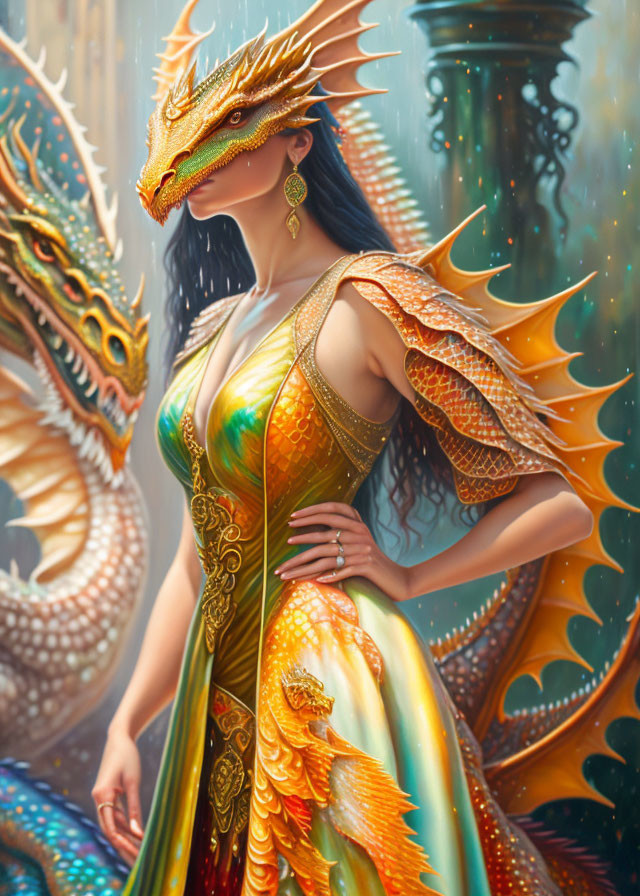 Fantastical woman with dragon headpiece and ornate dress in front of column