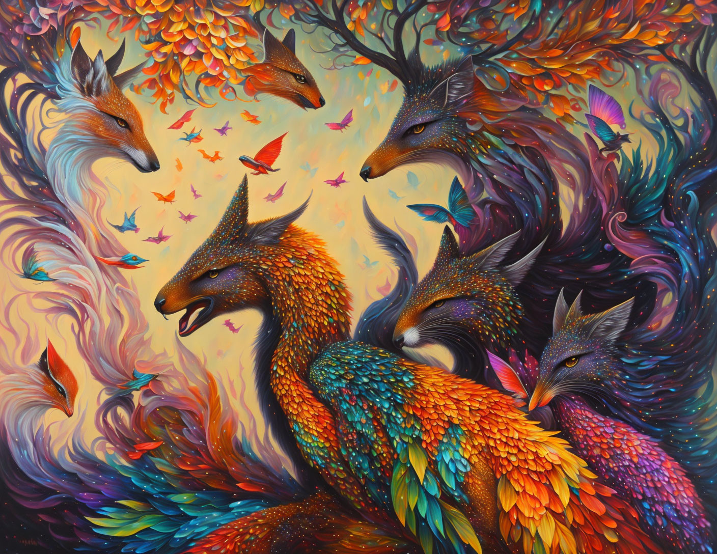 Colorful Painting of Stylized Foxes with Intricate Patterns and Butterflies