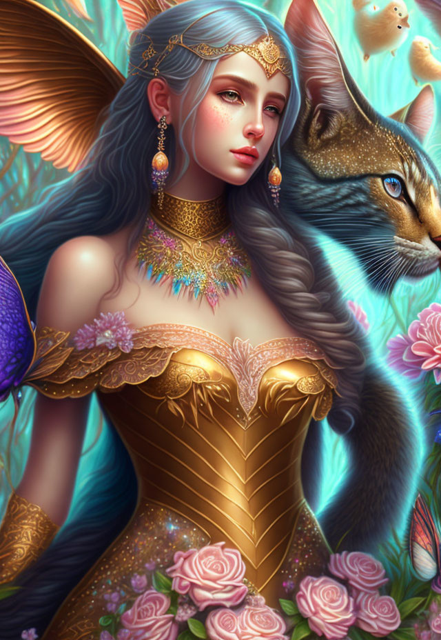 Fantastical female figure with elfin ears and silver hair posing with feline creature among vibrant flowers