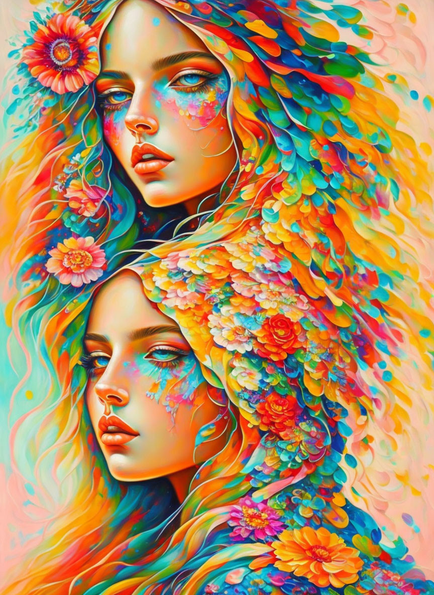 Colorful portrait of two women with floral hair on gradient backdrop