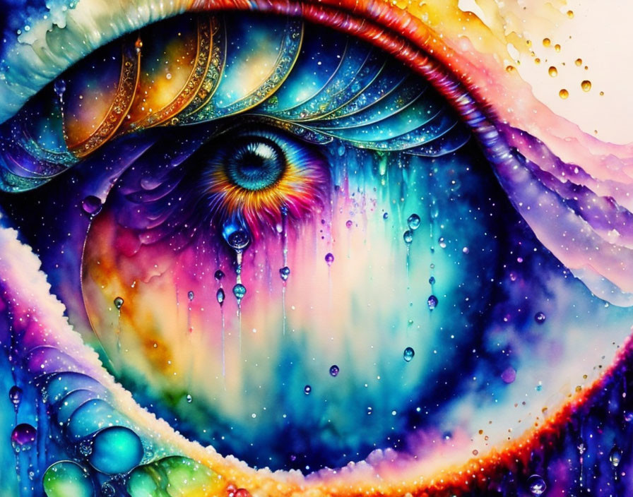 Colorful Eye Artwork with Kaleidoscopic Iris and Tear Droplets
