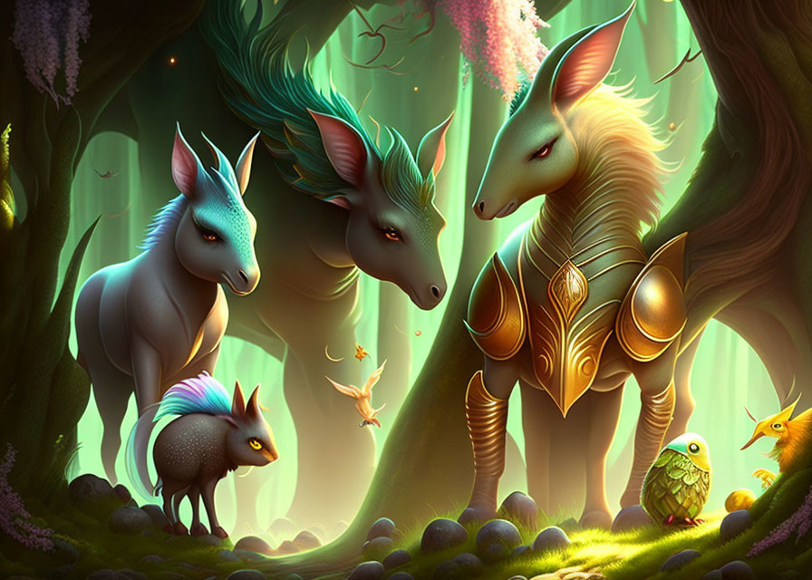 Vibrant mystical forest with stylized unicorn-like family