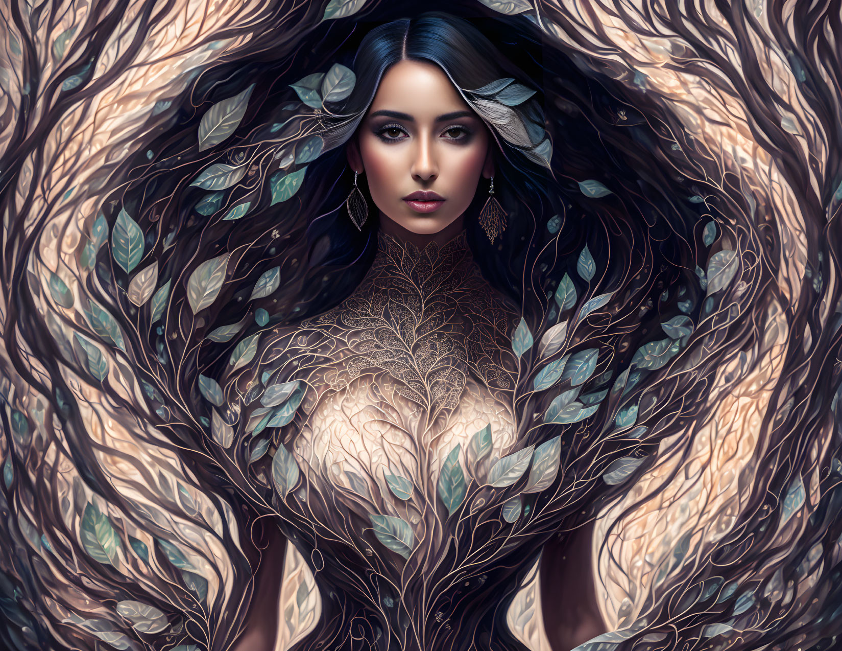 Ethereal woman with flowing hair and tree-like features