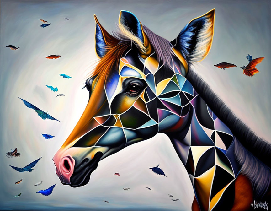 Vibrant geometric-patterned horse with butterflies on soft background