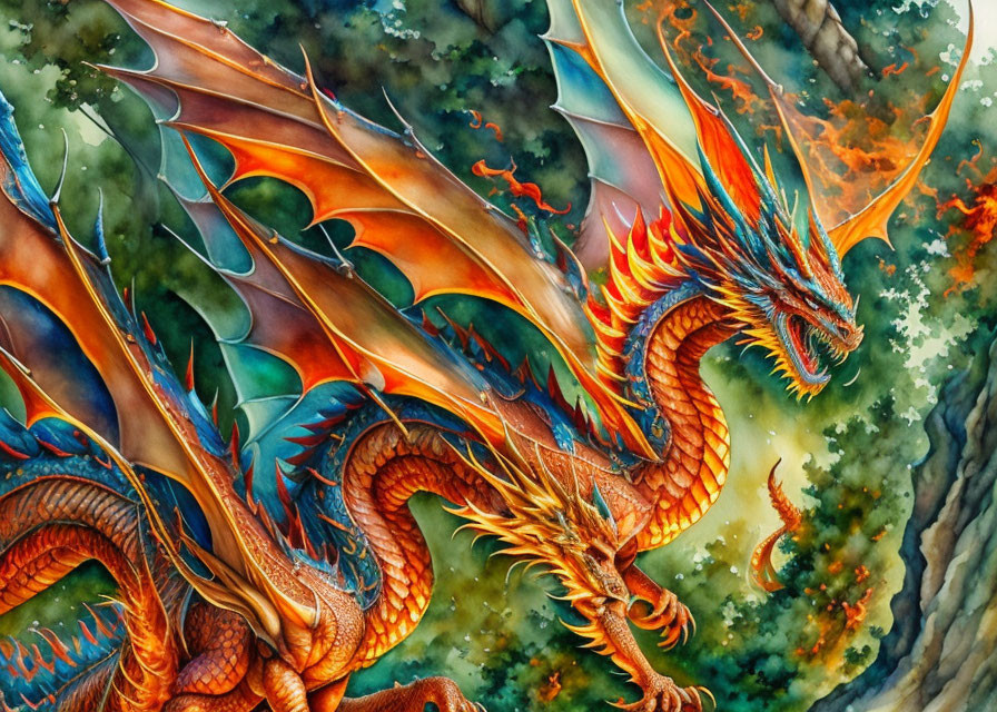 Colorful Dragon with Orange Wings and Green Clouds