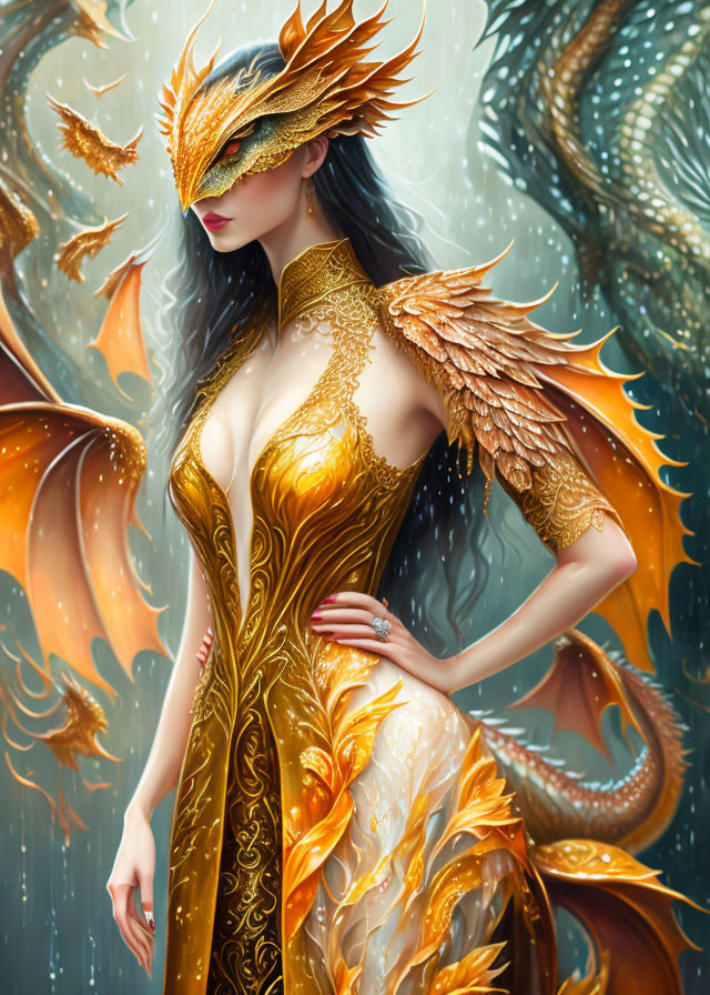 Golden dragon-themed masquerade figure with wing-like accents in fantasy setting.