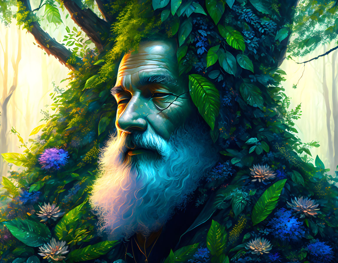 Illustration of serene man's face merging with lush forest landscape