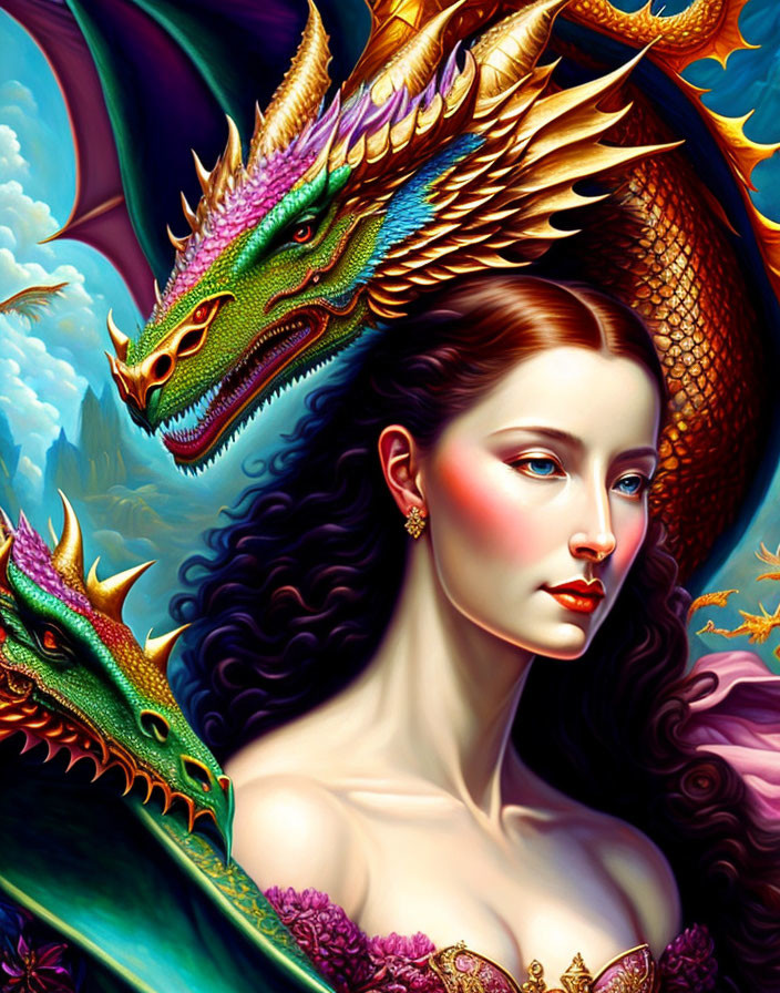 Fantastical portrait of a woman with flowing brown hair and dragons on vibrant backdrop