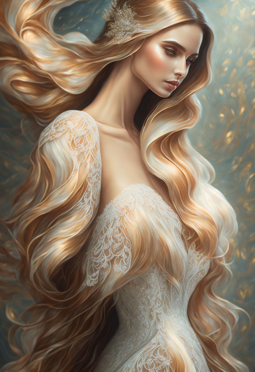 Blonde woman in white lace dress on ornate golden backdrop