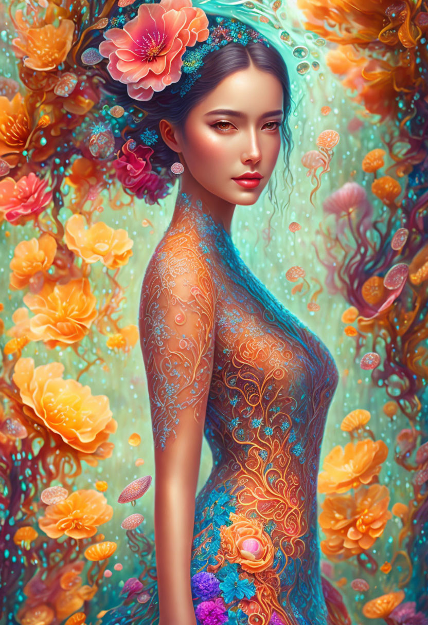 Vibrant digital artwork of a woman with flowers and jellyfish, blending nature and fantasy