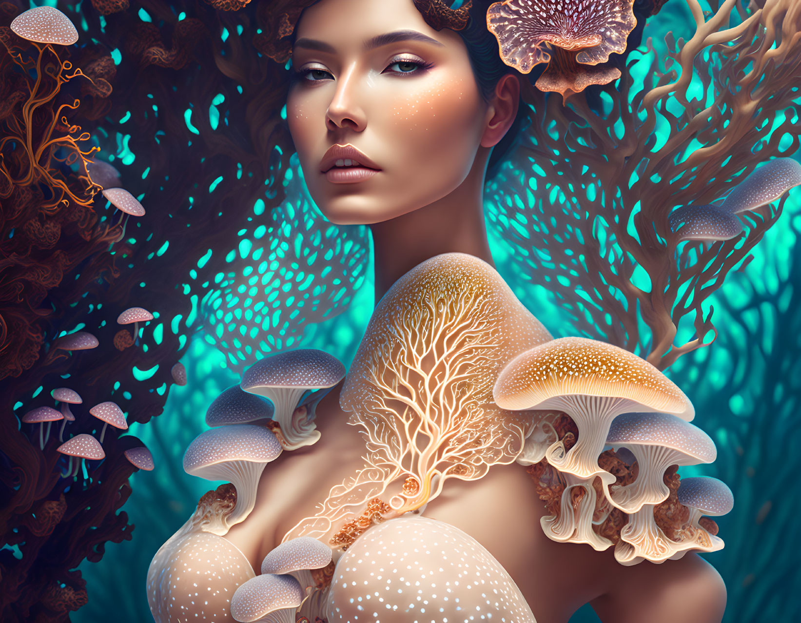 Woman with Coral and Mushroom-Like Embellishments in Underwater Dreamscape