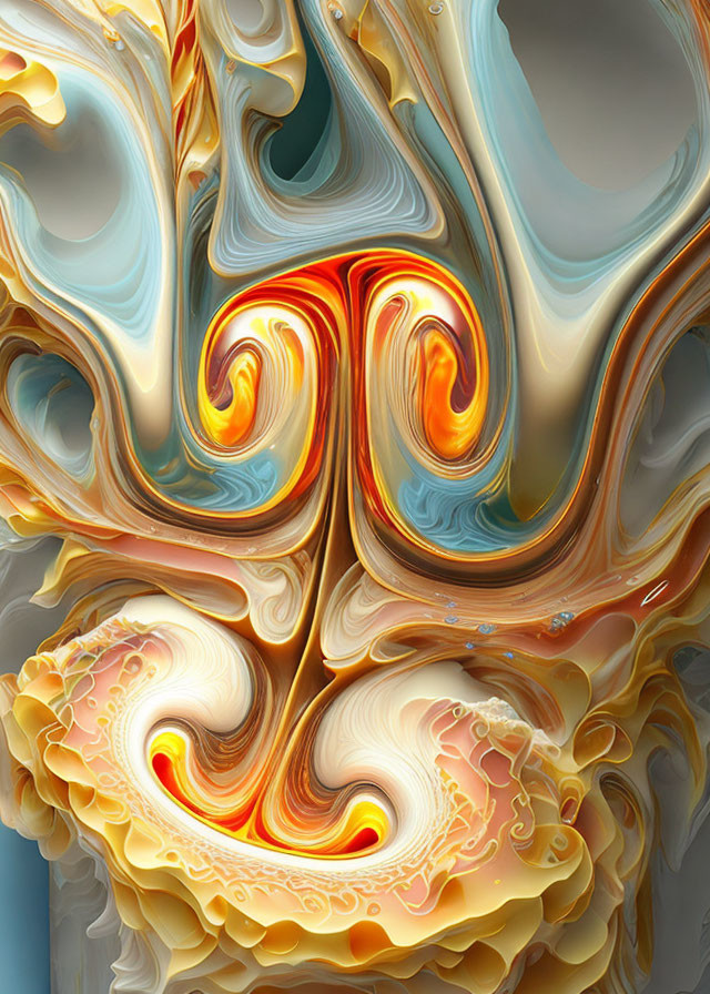 Vibrant orange, gold, and blue swirls in fluid marbled pattern