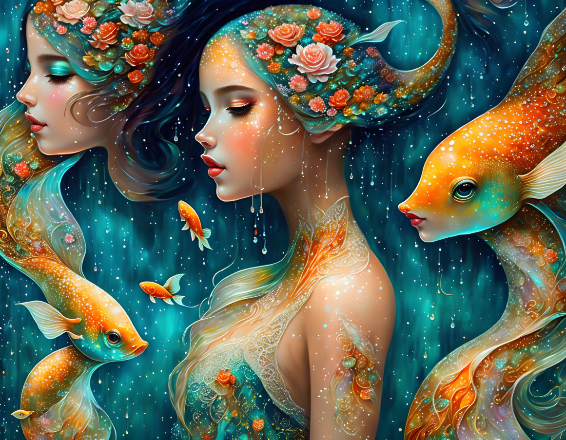 Illustration of two women with floral hairstyles in water with orange goldfish