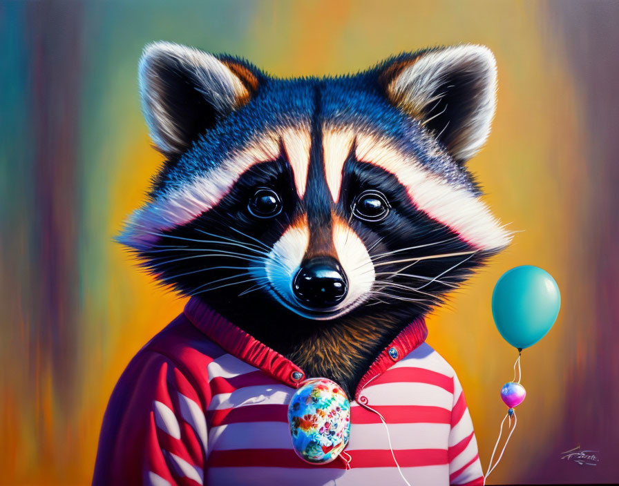 Colorful painting of raccoon with striped shirt and balloon on vibrant background