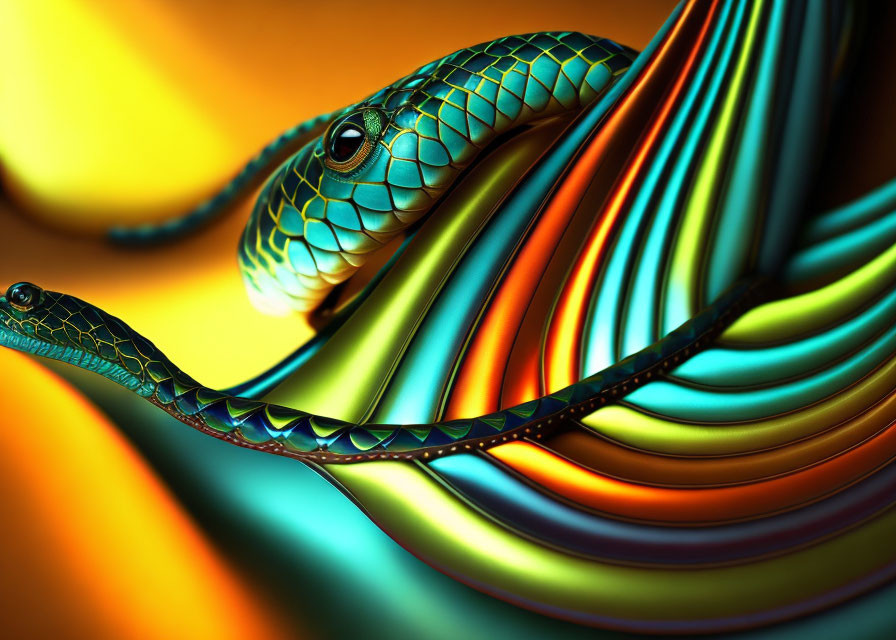 Abstract digital artwork: iridescent serpentine forms on warm gradient background