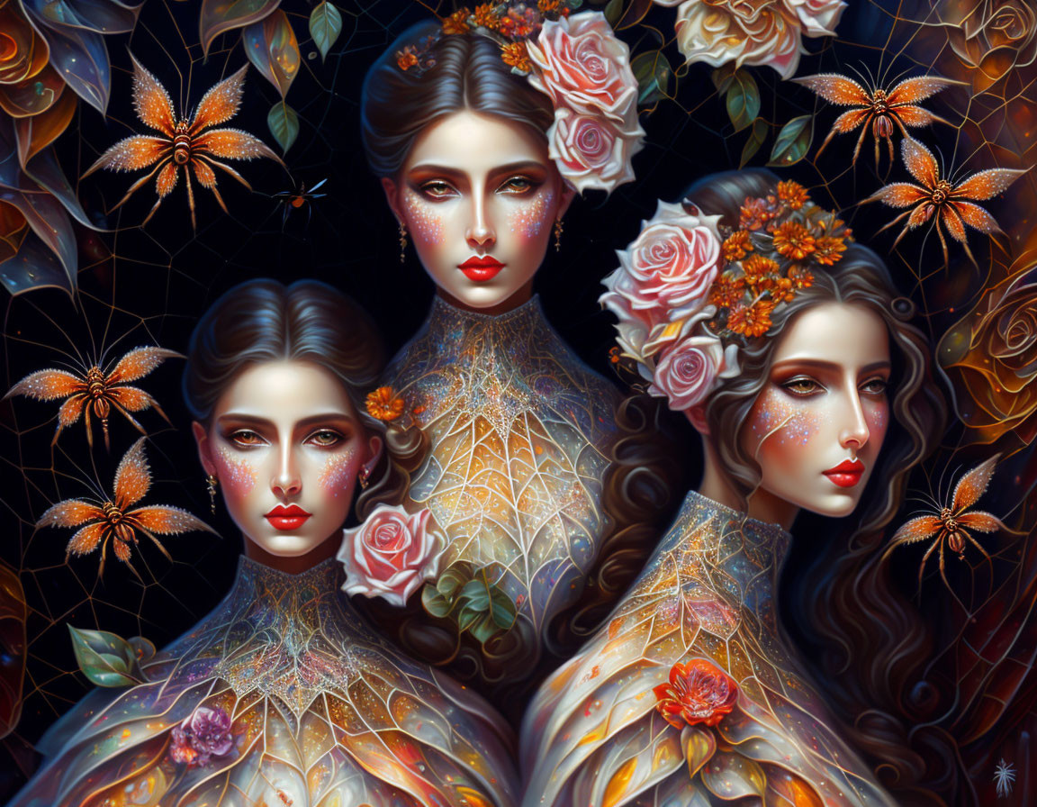 Ethereal women with floral motifs in dark, starry scene