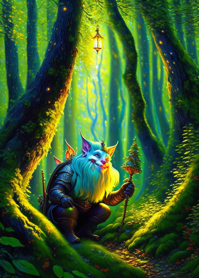 Blue-bearded gnome in pointy hat with glowing staff in enchanted forest