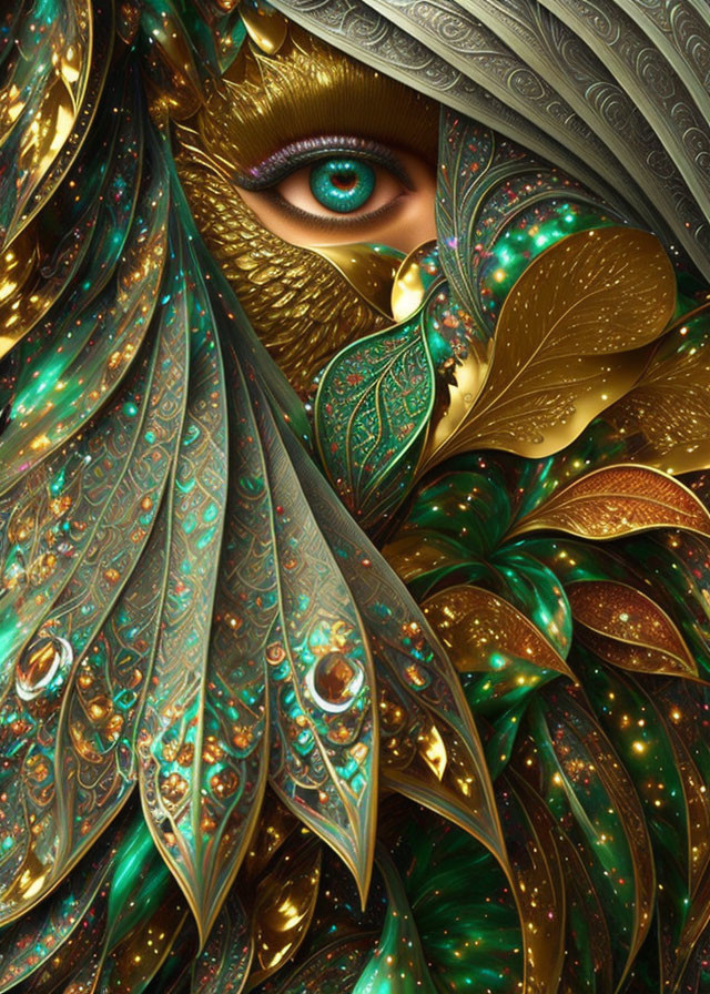 Detailed digital art: eye with golden & teal feather patterns, intricate details, jewel accents