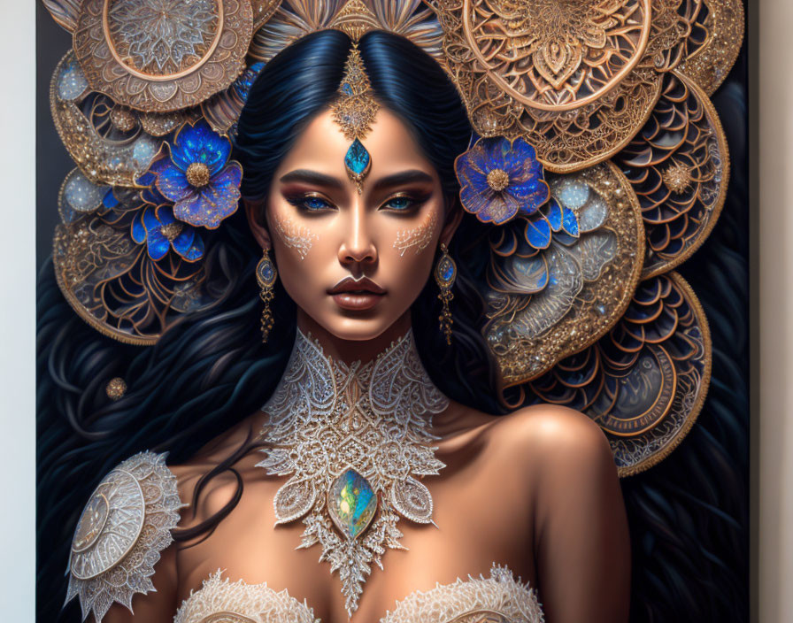 Detailed artwork of woman adorned with gold jewelry, blue flowers, and ornate backdrop