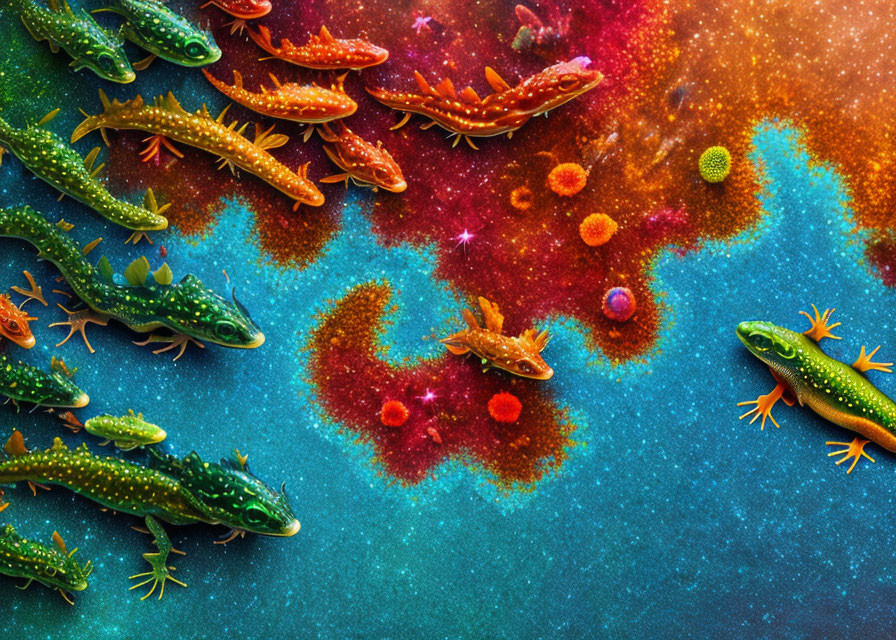 Vibrant Geckos on Cosmic Starry Background