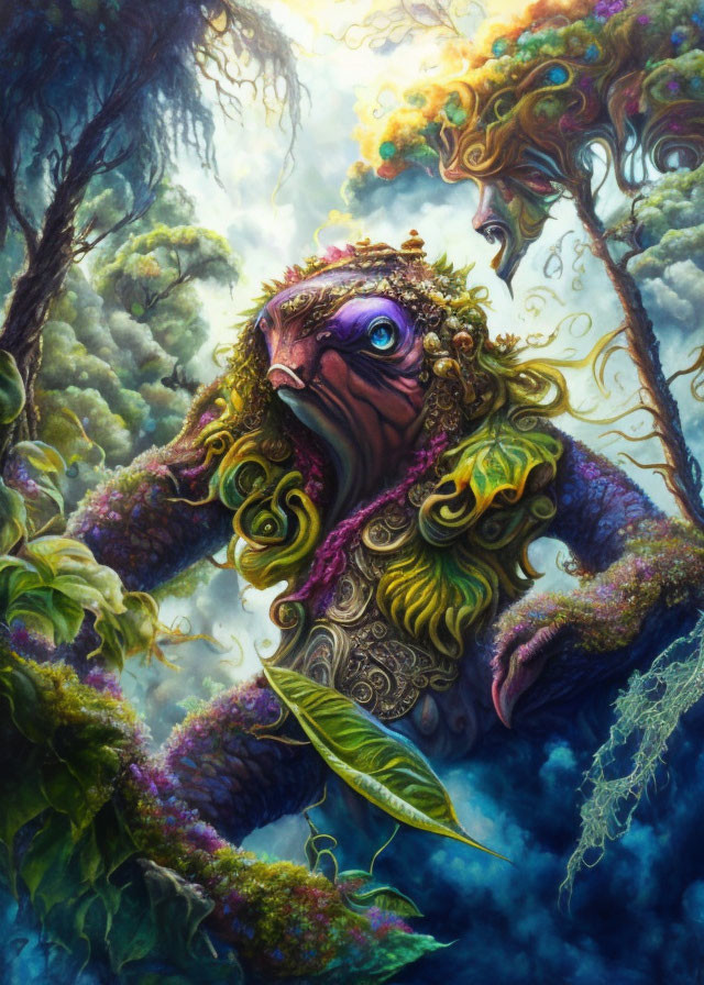 Ornate Fantasy Creature Merges with Vibrant Forest