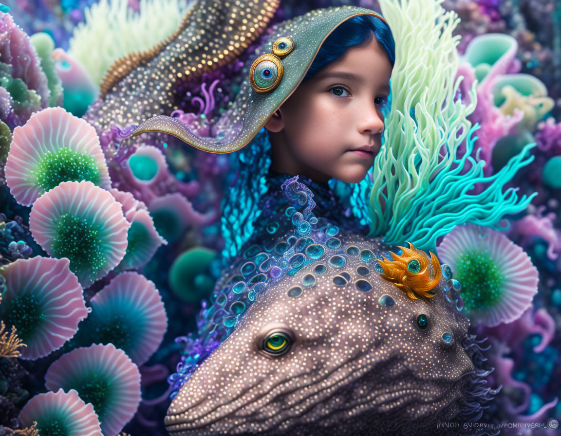 Young girl in vibrant underwater scene with cuttlefish-like creature.