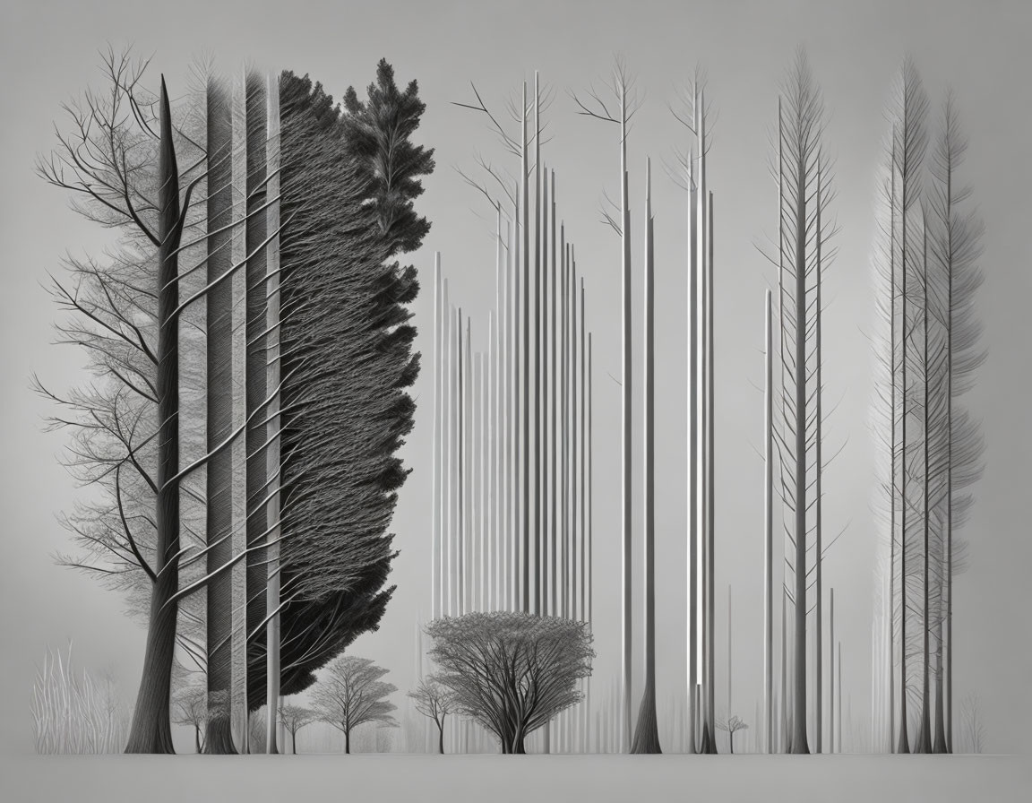 Monochrome surreal forest with diverse tree shapes