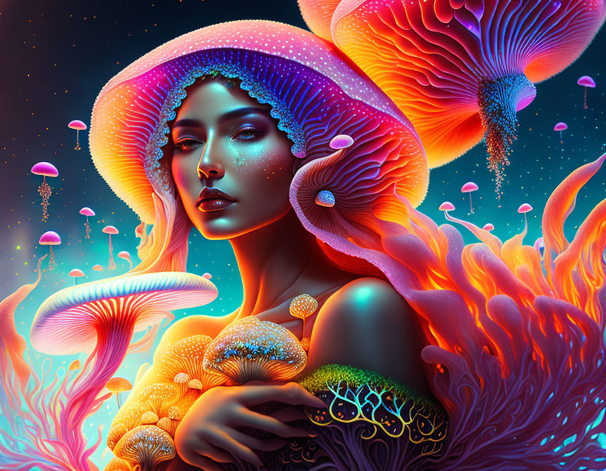 Colorful portrait: woman fused with mushroom-like elements in neon palette