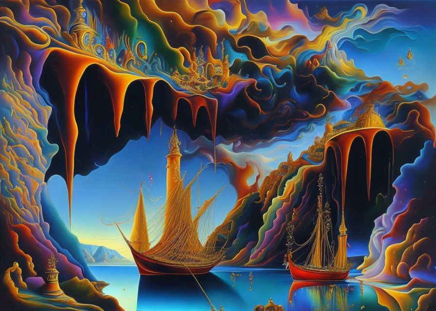 Surrealist painting with ships, dreamlike structures, and colorful sky