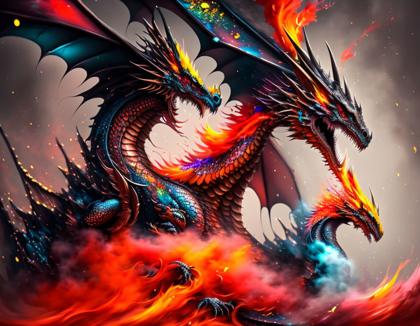 Mythical dragon with fiery wings in swirling flames