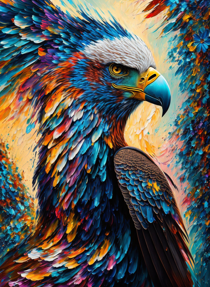 Colorful Eagle Illustration with Multicolored Feathers and Sharp Gaze