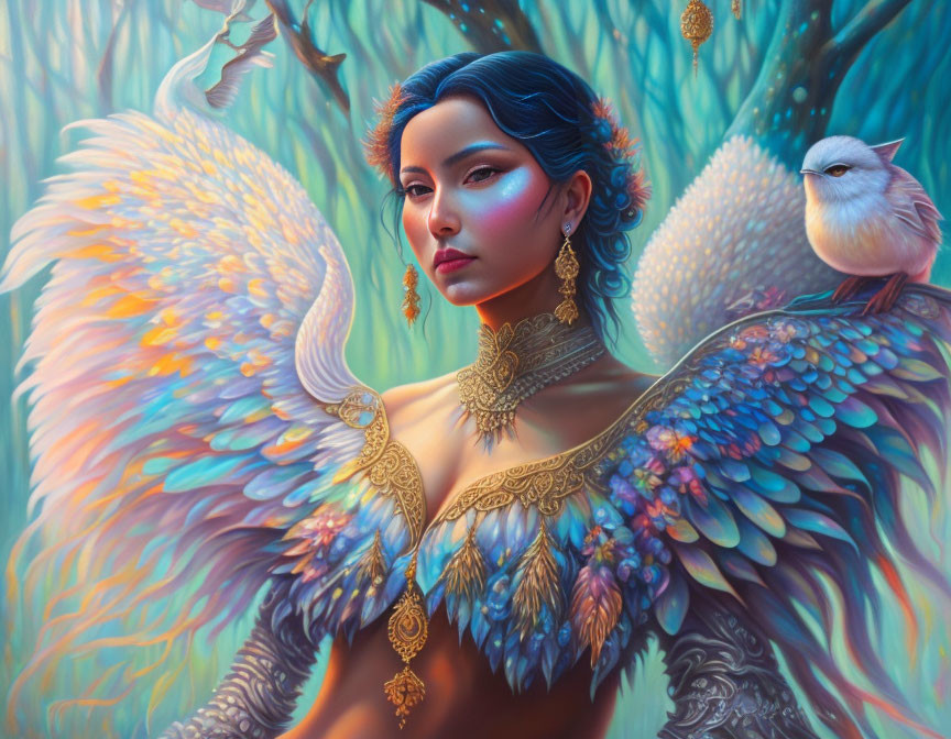 Fantastical illustration of woman with iridescent wings and bird on colorful backdrop