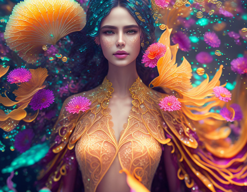 Fantasy portrait of woman with ethereal makeup and magical mushrooms.