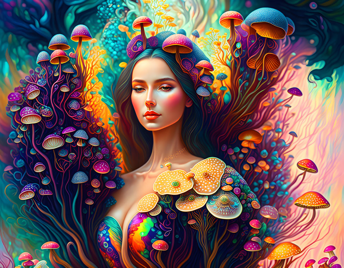 Colorful surreal portrait of a woman with mushroom and plant hair against psychedelic background