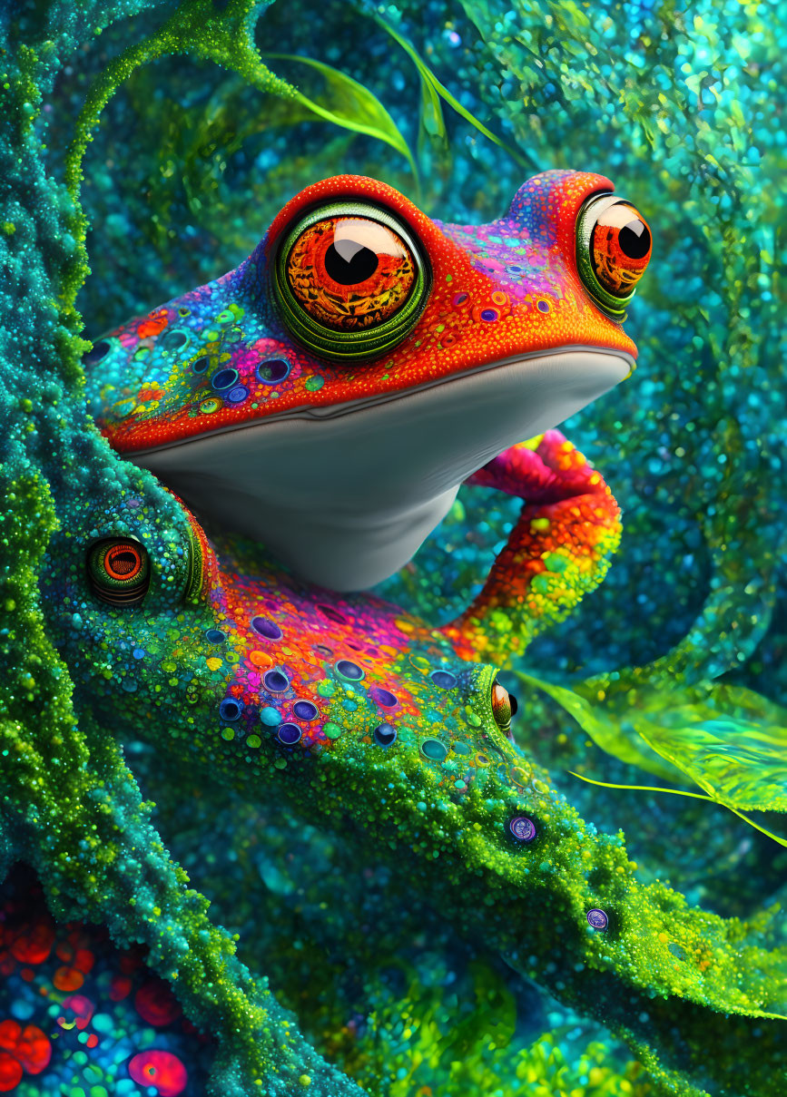 Colorful Frog with Detailed Textures and Expressive Eyes in Lush Greenery