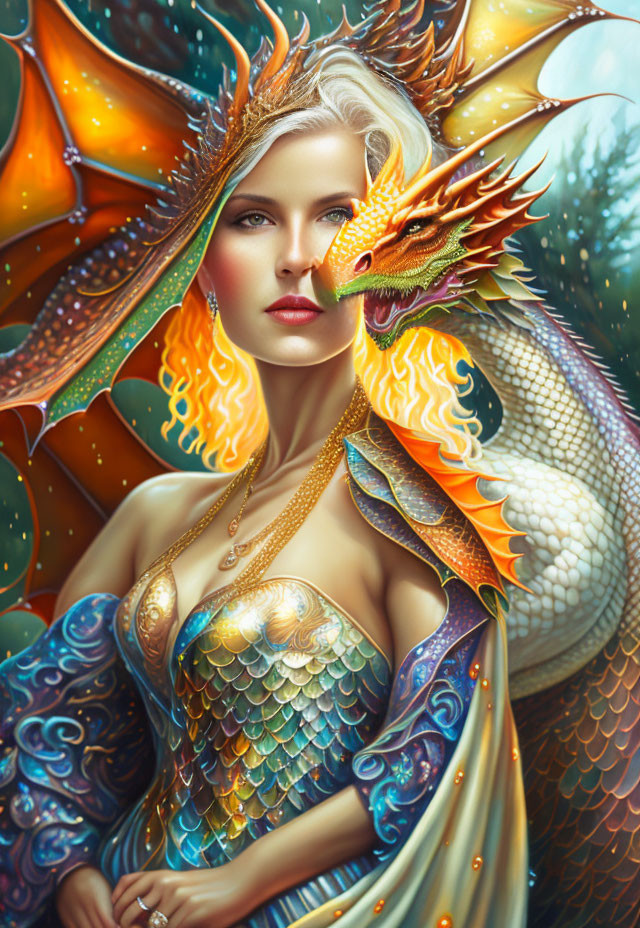 Fantasy artwork: Woman with dragon-like features and fiery companion