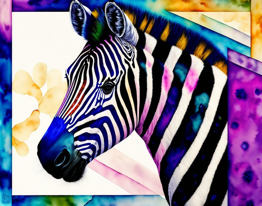 Vibrant zebra art with abstract watercolor background