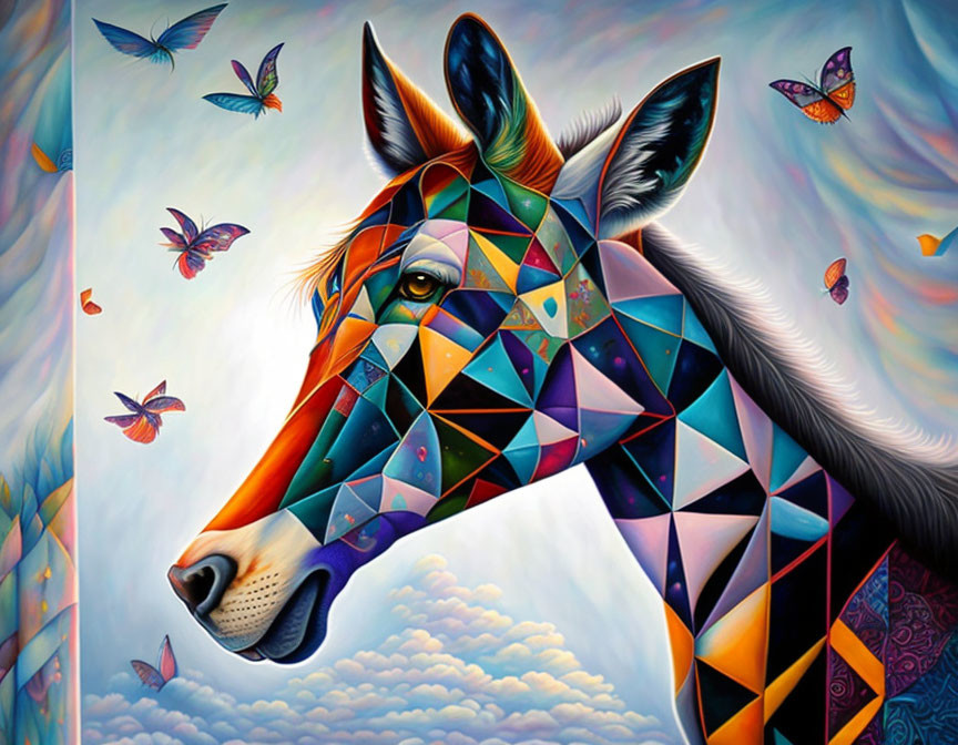 Colorful geometric horse head with butterflies on cloud and sky background