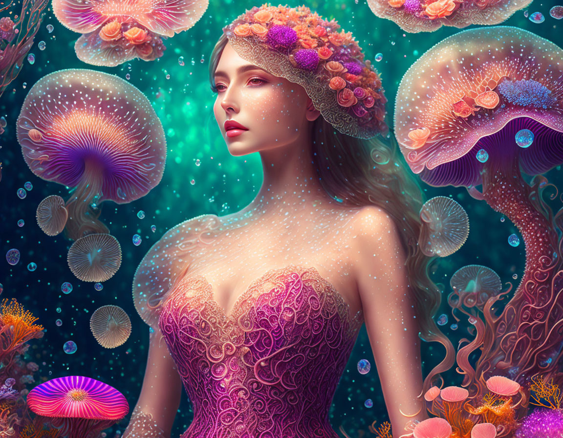 Vibrant underwater portrait with woman, jellyfish, and coral reefs