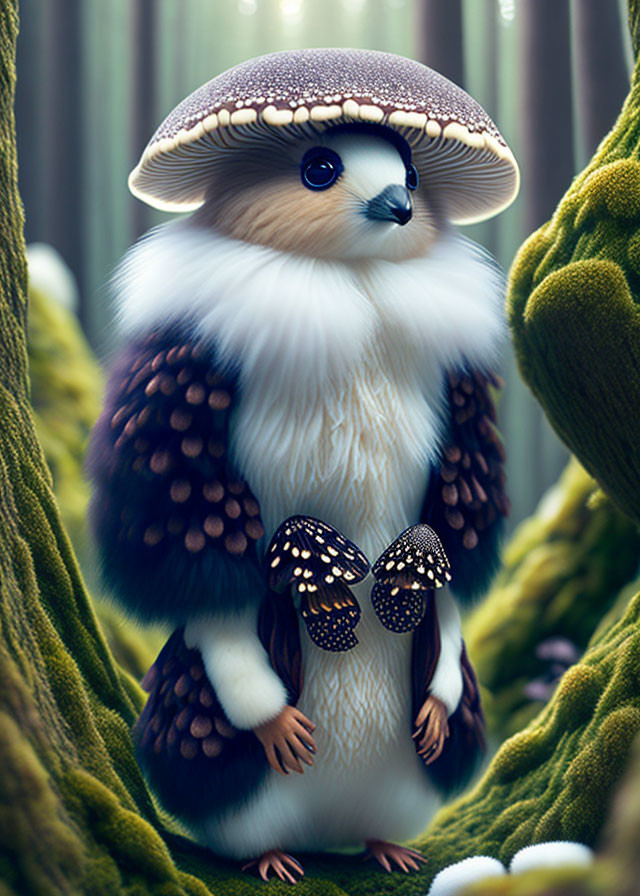 Fantastical hedgehog-mushroom hybrid creature in forest habitat