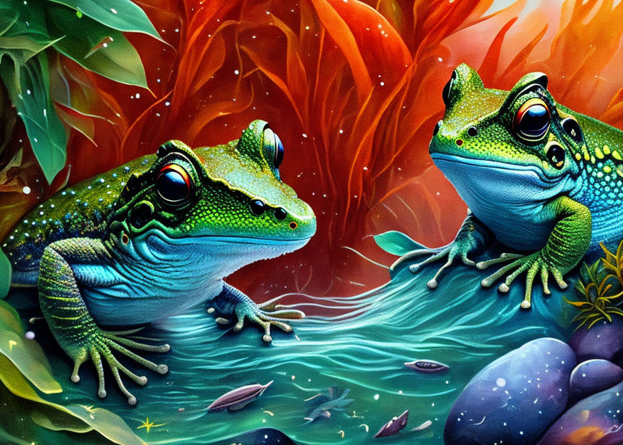 Colorful frogs in vibrant fantasy setting with red foliage and blue stream