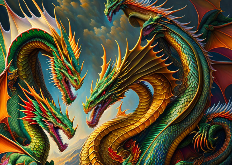 Colorful Dragons Intertwined in Fantasy Cloudscape