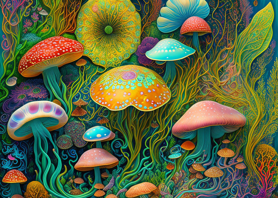 Vibrant Mushroom Illustration with Botanical Background